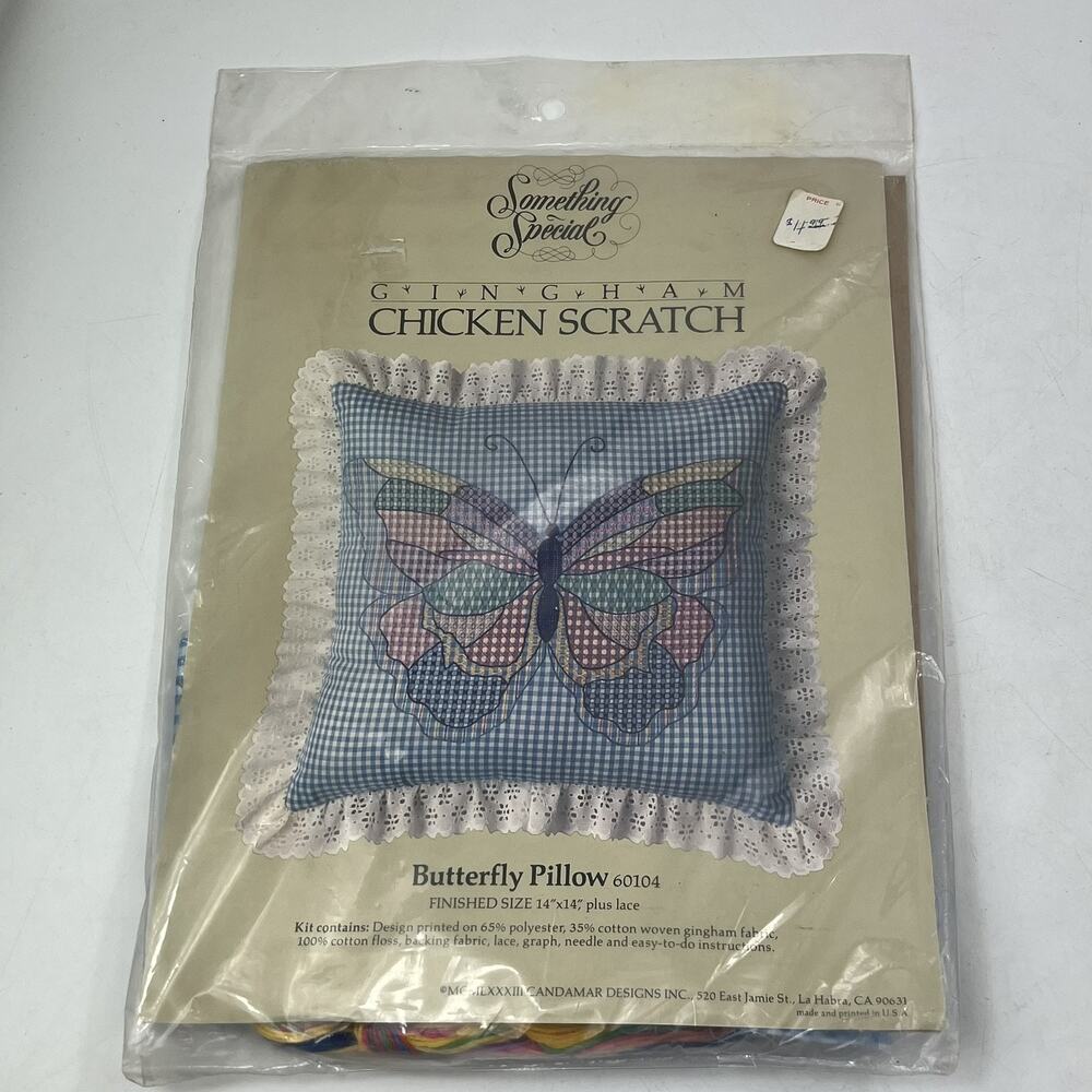 Vtg Candamar Chicken Scratch Embroidery Kit Butterfly Pillow 14x14 Gingham New